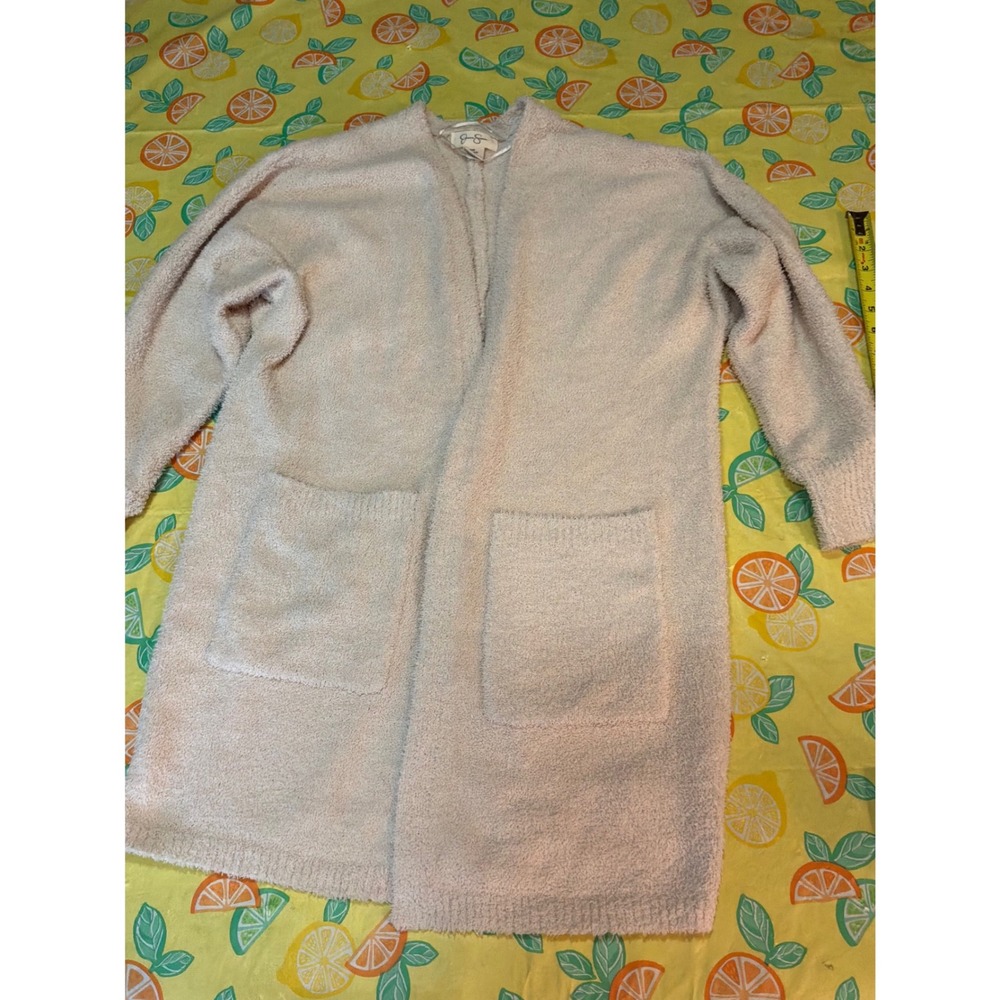 Jessica Simpson Fuzzy Popcorn Knit Cardigan Womens XS Cream Open Front Pockets